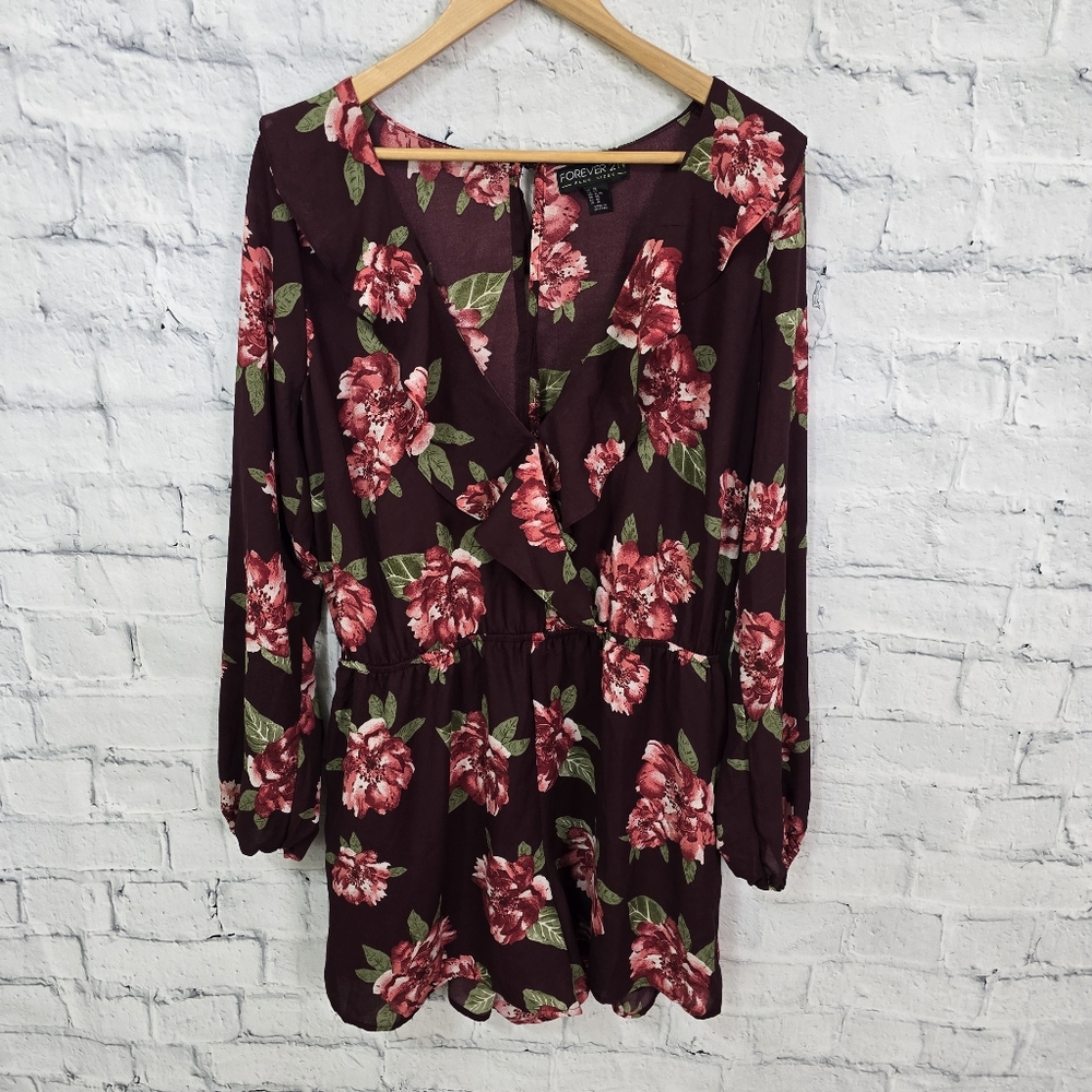 Forever 21 romper plus Sz 0X floral long sleeve faux wrap elastic waist A37
